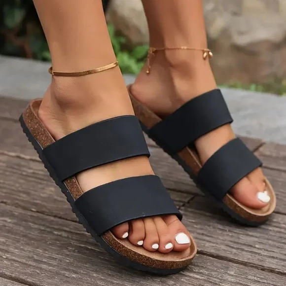 Black Double Strap Sandals - Picture 2 of 12